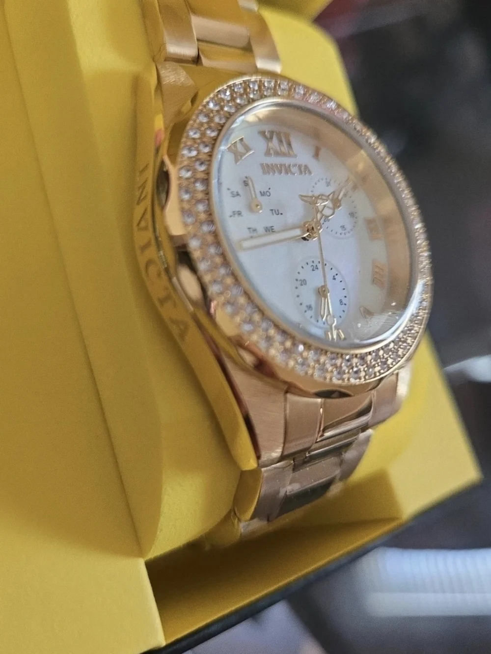 28438 Invicta Angel AustrianCrystal Bezel Watch Mother of Pearl Dial Womens 38mm